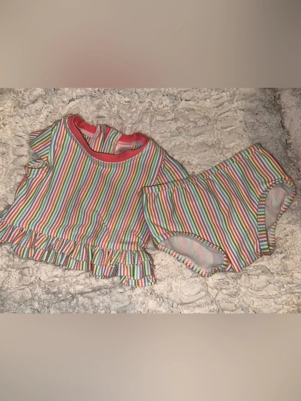 Ruffle Butts Pink Trim Rainbow Stripe Ruffle Top & Bloomers